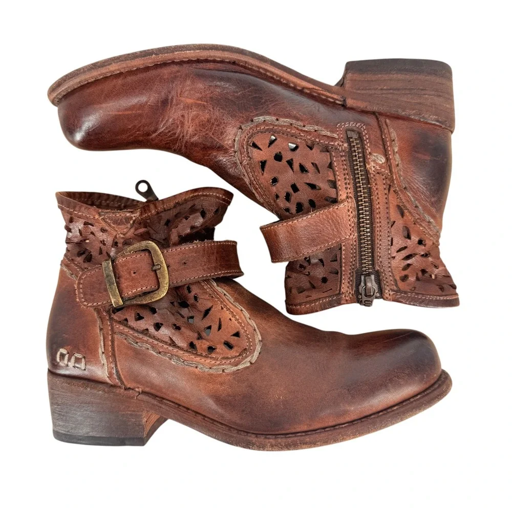 Bed Stu Heather Women 7.5 Brown Leather Perforated Ankle Boots Buckle Bootie
